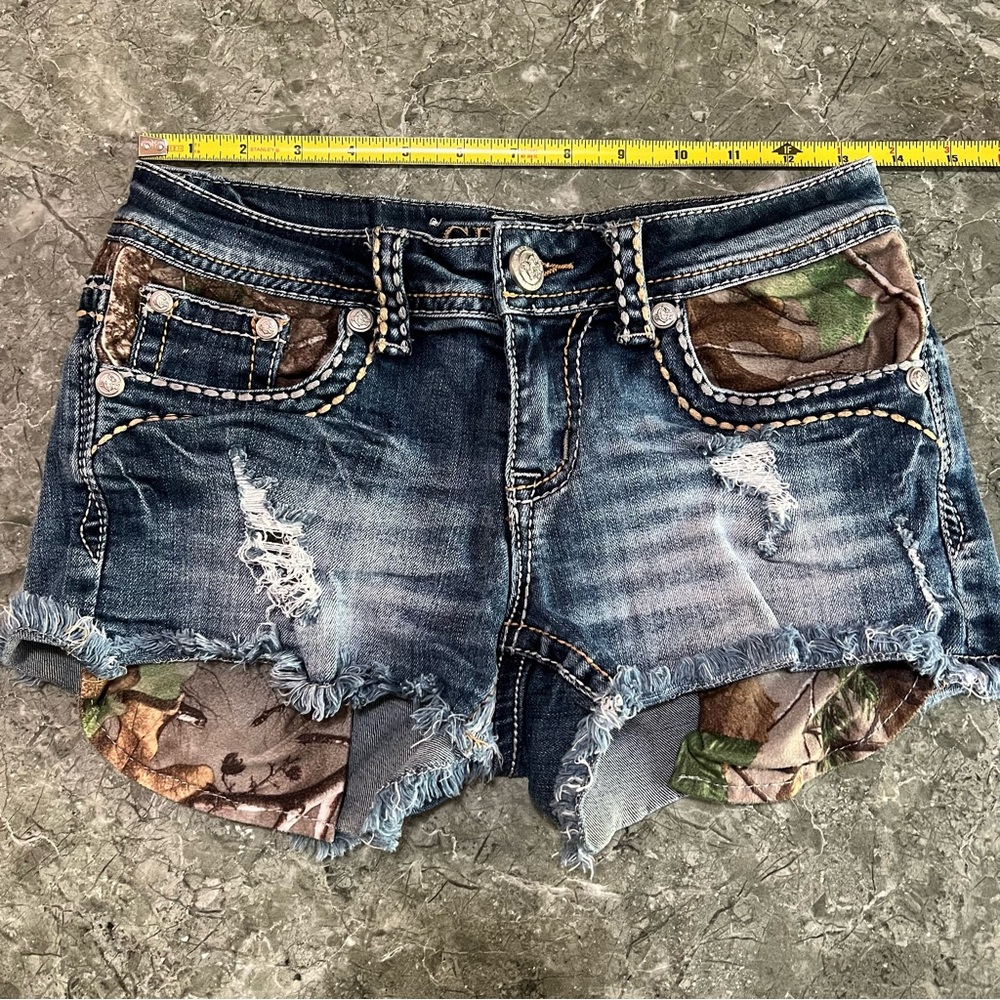 Distressed Denim Camo Patch Shorts